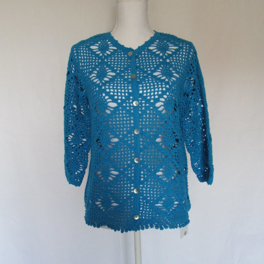 New Woman’s Style Studio Blue Crochet Knit Button Up 3/4" Sleeves Cardigan M